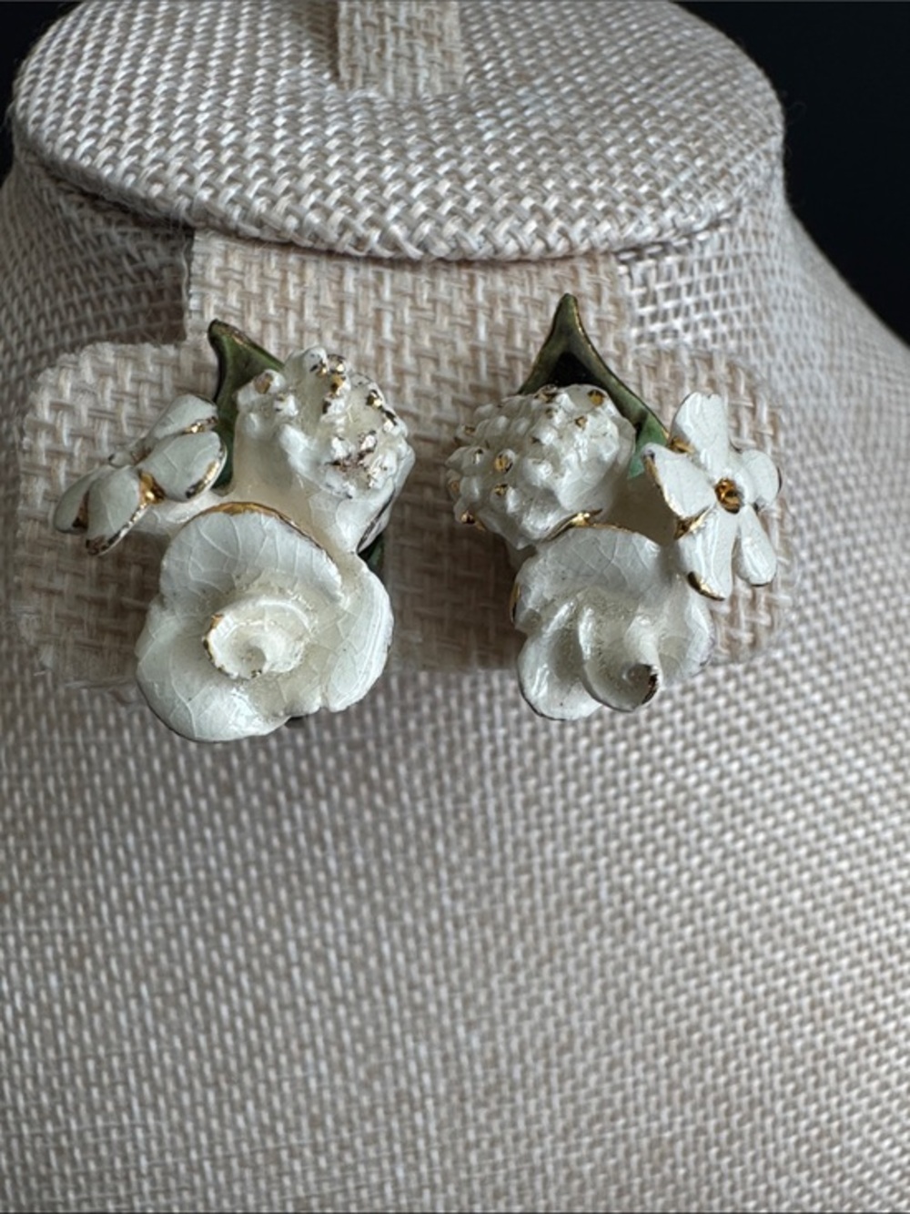 VTG English Bone China White Floral Screw Back Earrings Mid-Century Hand Made
